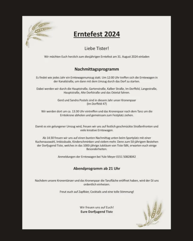 Kommt heute vorbei zu unserem jährlichen Erntefest und feiert mit uns!
🎉 Unser Dorf Tiste wird unglaubliche 1000 Jahre alt und dazu hat die Dorfjugend auch noch ihr 50-jähriges Jubiläum! Es gibt Musik, gutes Essen und jede Menge Spaß für die ganze Familie. 🌾🎶
Also packt eure Freunde ein und lasst uns gemeinsam feiern! Wer ist dabei? 🙌
#Tiste1000 #Erntefest #Jubiläum #Dorfjugend50